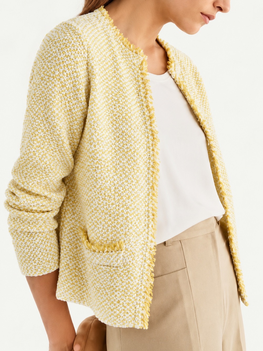 Massimo Dutti Yellow & White Textured Knit Open Front Cardigan Jacket Size M
